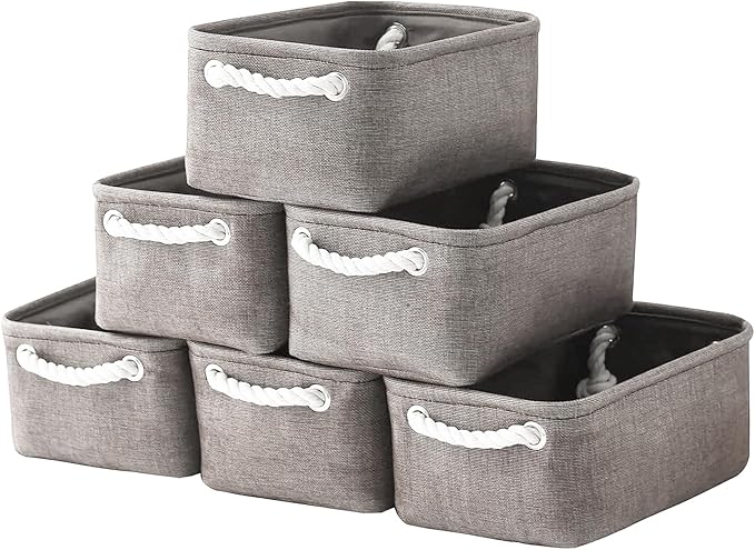 TheWarmHome Foldable Small Storage Baskets with Strong Cotton Rope Handles [6-Pack] Gray Collapsible Storage Bins Set Works Room Storage, Nursery Baskets-Ruum Studio Home