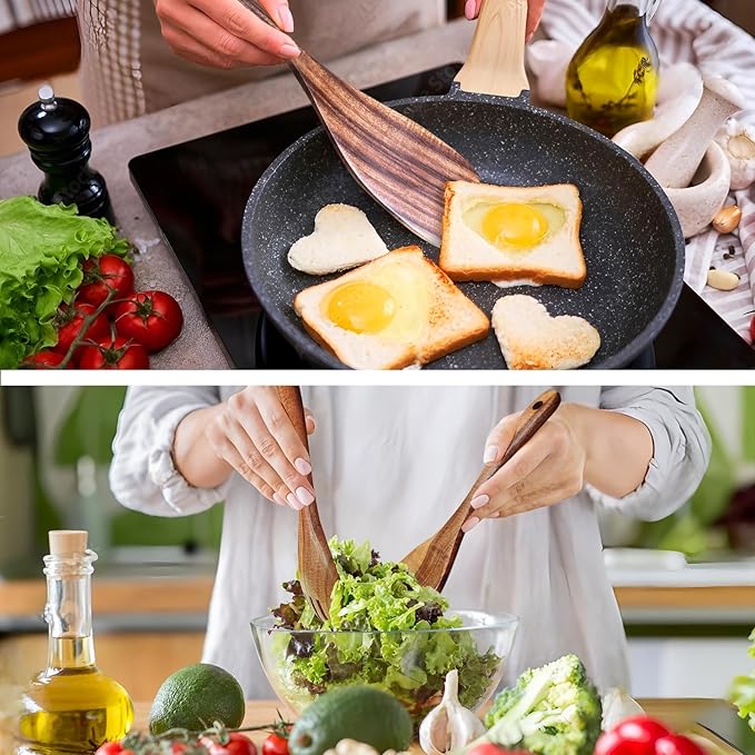 Wooden Spoons for Cooking 9 Pieces Set, Teak Wooden Kitchen Utensil Set, Wooden Cooking Utensils Spoons, Spatulas, Heat-Resistant, Lightweight & Durable, Perfect for Non-Stick Cookware-Ruum Studio Home