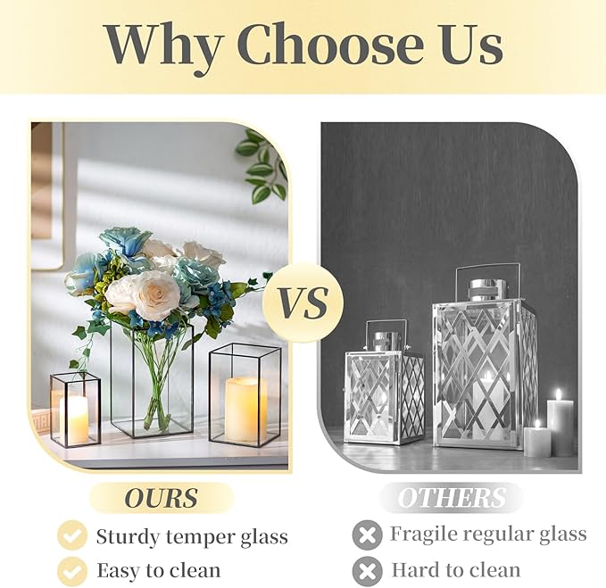 Glass Hurricane Candle Holder Large - Hewory 6pcs Black Rectangle Flower Holders Centerpiece for Table, Tall Floor Square Pillar Candle Lantern for Wedding, Anniversary, Party, Fireplace, Dining Room-Ruum Studio Home