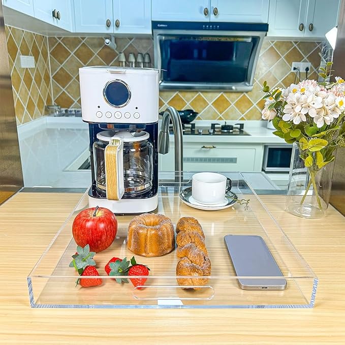 Clear Rectangular 16x20 Inches Acrylic Ottoman Tray Decorative Serving Tray with Cutout Handles Organizer Tray on Coffee Table Countertop Big Breakfast Bed Tray Living Room Appetizer Serving Food-Ruum Studio Home