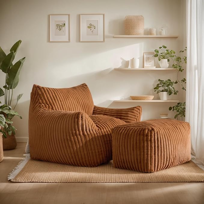 Giant Bean Bag Chairs for Adults, Oversized Chaise Lounge Chair Indoor with Memory Foam - Plush Boneless Lounger & Ottoman for Bedroom, Living Room, Gaming & Reading, Lazy Floor Sofa Chair, Orange-Ruum Studio Home