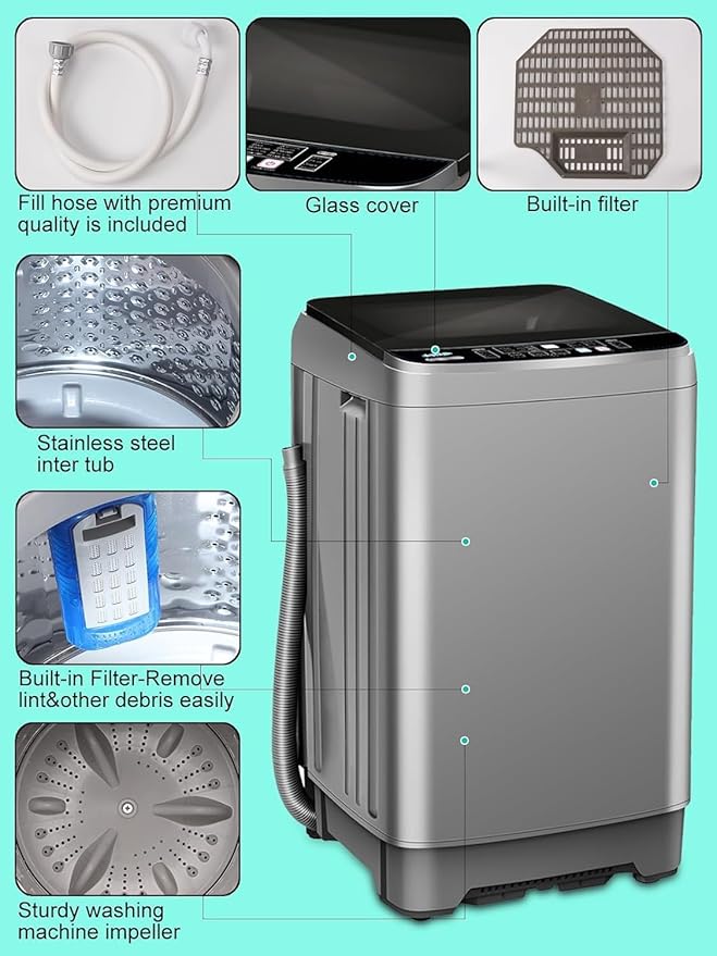 25 lbs Full Automatic Washing Machine with LED Display Compact Washing Machine with Drain Dump, 10 Wash Programs and 8 Water Levels Ideal for Dorms, Apartments, RV, Grey-Ruum Studio Home