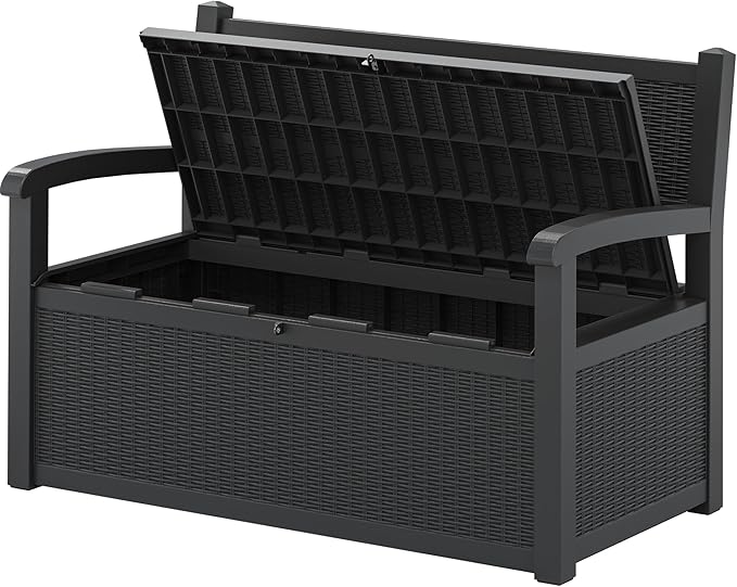 70 Gallon Storage Bench Deck Box for Patio Furniture with Armrest Bench Outdoor Storage-Ruum Studio Home