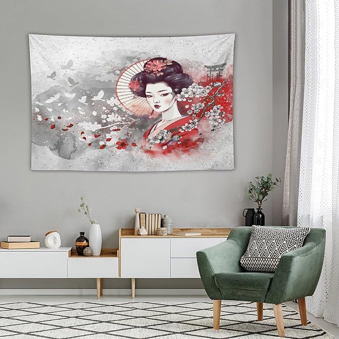Japanese Geisha Tapestry Asian Red Cherry Blossom Traditional Kimono Folk Tapestries Home Decor for Living Room Bedroom Apartment Farmhouse Dorm 60"x40"-Ruum Studio Home