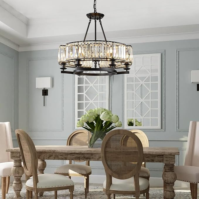 Vintage Crystal Chandelier Black 6 Lights Hanging Ceiling Light Fixture Iron Frame Pendant Lighting for Farmhouse Decoration Dining Table Living Room-Ruum Studio Home