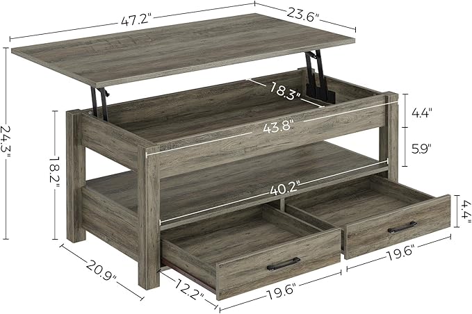 Rolanstar Coffee Table, 47.2" Lift Top Coffee Table with Drawers and Hidden Compartment, Retro Central Table with Wooden Lift Tabletop, for Living Room, Washed Oak-Ruum Studio Home