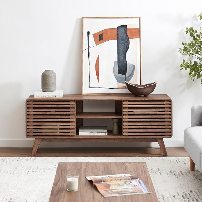 mopio Ensley TV Stand, Mid Century Modern for 55/60/65 inch TV, Farmhouse TV Stand, Entertainment Center with Storage, TV and Media Consol for Living Room (Walnut, 59" Tall)-Ruum Studio Home