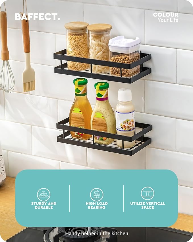 Metal Spice Rack Wall Mount Floating Shelves 2 Pack Black Storage organizer for Cabinet Door Pantry Kitchen Bathroom Supplies (9.8inches length)-Ruum Studio Home