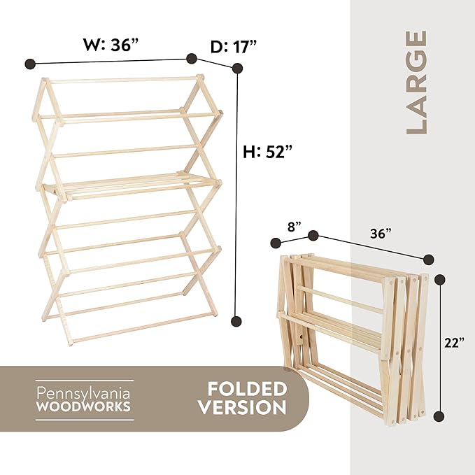 Pennsylvania Woodworks Clothes Drying Rack: Solid Maple Hard Wood Laundry Rack for Sweaters, Blouses, Lingerie & More, Durable Folding Drying Rack, Made in USA, No Assembly Needed, Large-Ruum Studio Home