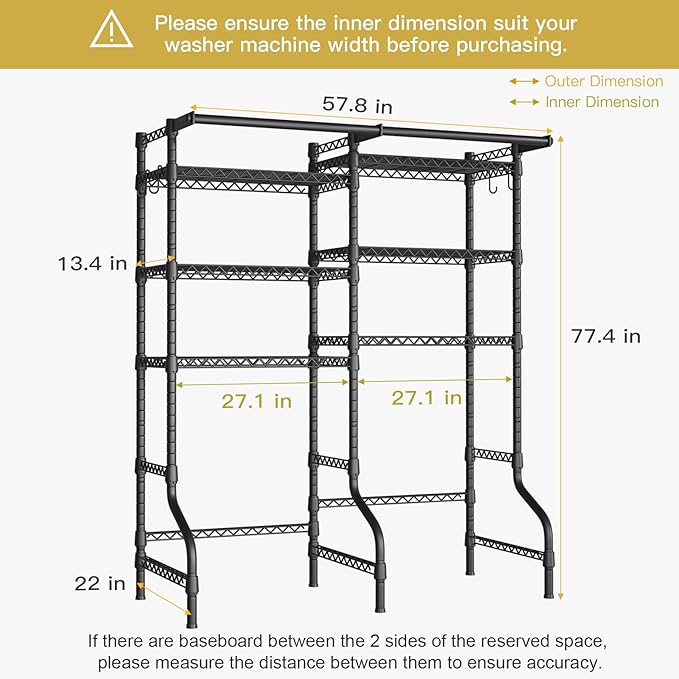 Ulif U13 Medium Over Washer and Dryer Storage Shelves, 6 Tiers Laundry Room Standing Shelf with 2 Hanger Rods, Space Saver Clothes Drying Rack, 57.8" W x 22" D x 77.4" H, Black-Ruum Studio Home