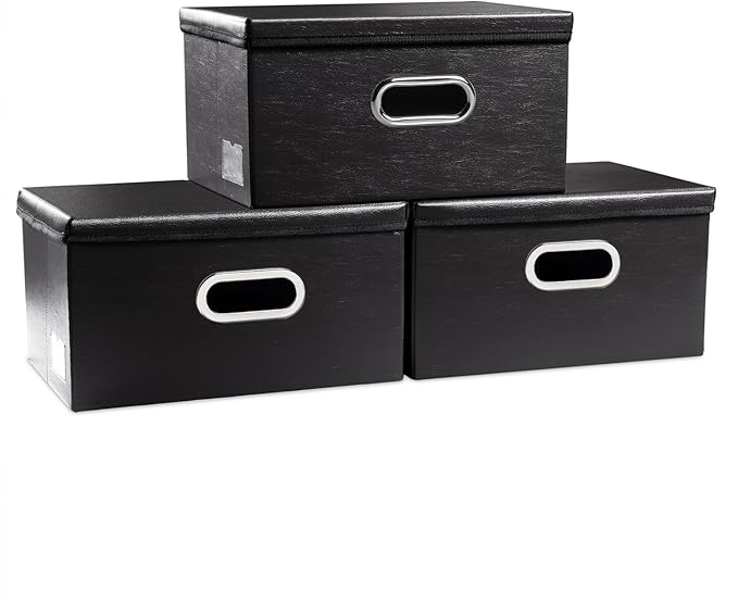 PRANDOM Collapsible Storage Box with Lid [3-Pack] Leather Fabric Foldable Storage Bin Organizer Container Basket Cube with Cover for Home Bedroom Closet Office Nursery Black(13.6x9.6x6.9)-Ruum Studio Home