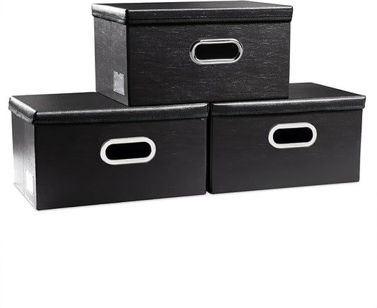 PRANDOM Collapsible Storage Box with Lid [3-Pack] Leather Fabric Foldable Storage Bin Organizer Container Basket Cube with Cover for Home Bedroom Closet Office Nursery Black(13.6x9.6x6.9)-Ruum Studio Home