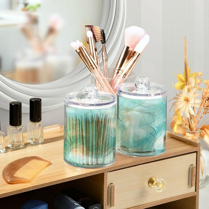 2 Pack Qtip Holder Dispenser Turquoise Marble Bathroom Storage Canister Lid Acrylic Plastic Apothecary Jar Set Vanity Makeup Organizer for Cotton Swabs/Pads/Floss-Ruum Studio Home