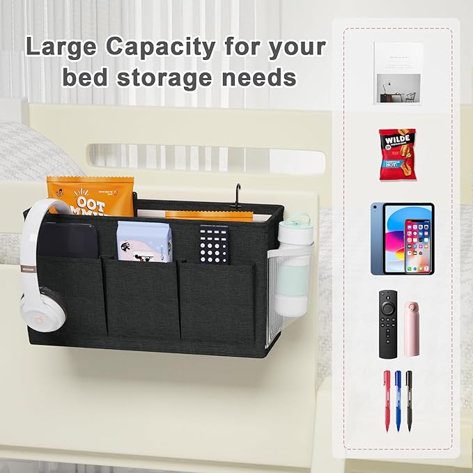 Dual-purpose Bedside Caddy Bedside Organizer, Bed Caddy with 6 Pockets, Versatile Bedside Storage Solution Magazine Remotes holder, ideal for Home, Dorm, Hospital, Crib Bed (Black 2 pcs)-Ruum Studio Home