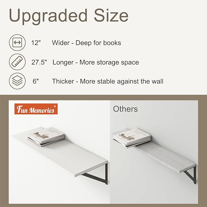 Fun Memories 27.5" W x12 D Floating Shelves, White Wall Shelf with Brackets, 12 Inch Deep Floating Shelf Set of 2, Large Storage Kitchen Living Room Bathroom Shelves, Wood Wall Mounted Shelf-Ruum Studio Home