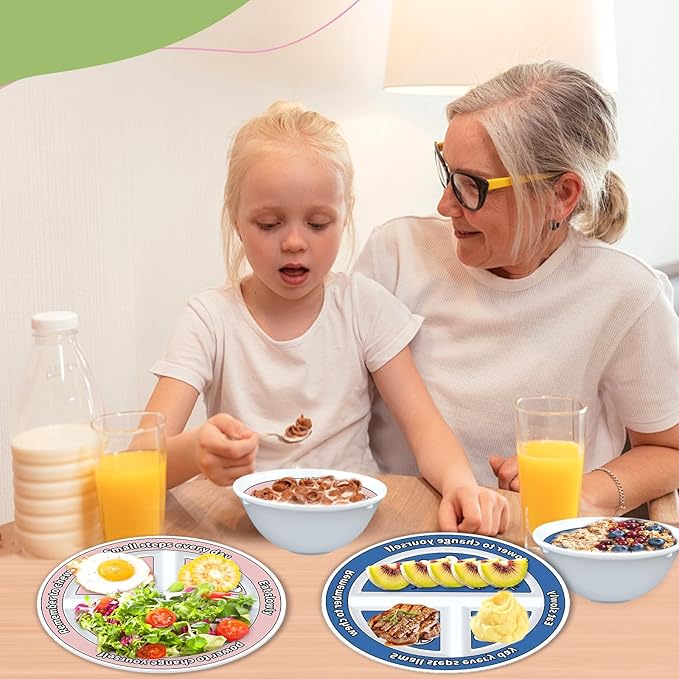 4 Pcs Portion Control Plates & Bowls Set (2 Plates + 2 Bowls, 9 Inch) - Self-Measuring for Weight Loss, Gastric Bypass, LapBand, Diabetes & Healthy Diets, Pink & Blue, for Adults & Children-Ruum Studio Home
