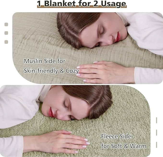 EMME Muslin and Fleece Twin Blanket Reversible - 60"*80" Sage Green Soft Warm Throw Blankets for Couch Bed Picnic Travel Bed-Ruum Studio Home