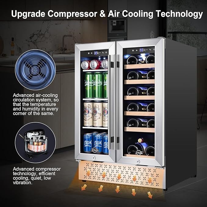 Tylza Wine and Beverage Refrigerator 24 Inch Dual Zone, French Door Wine and Beverage Cooler 24'' Built-In or Freestanding Drink Fridge, Under Counter Beer Refrigerator-Ruum Studio Home