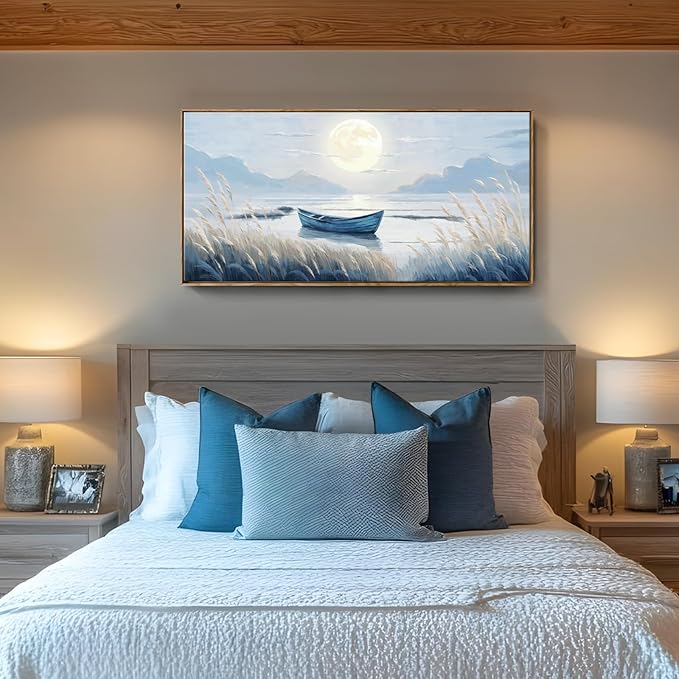 amatop Large Framed Wall Art Bedroom Living Room Decor Blue Boat Moonlight Coastal Seascape Picture Landscape Decorative Canvas Print Tranquil Night Ocean Lake Scene Artwork Nautical Wall Decor 48x24-Ruum Studio Home
