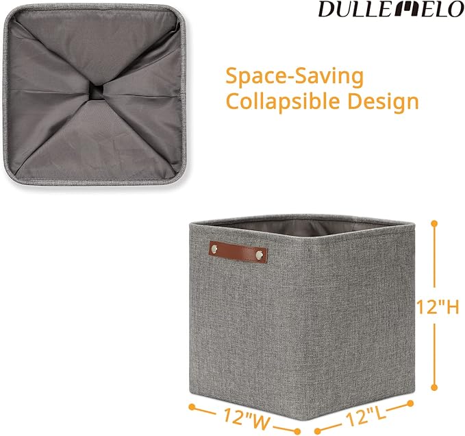 DULLEMELO 12 inch Cube Storage Bins, Large Collapsible Grey Storage Baskets for Square Cubes Organizing, Fabric Boxes Bins for Shelves Nursery Home Office Storage(4 Pack - 12" Grey)-Ruum Studio Home