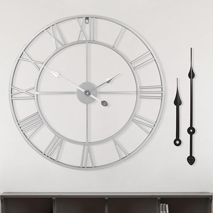 LEIKE 16" Modern Large Wall Clocks,Vintage, Round,Silent Non Ticking,Battery Operated,Silver Metal Roman Numerals Clock for Living Room/Bedroom/Kitchen Decor-Ruum Studio Home