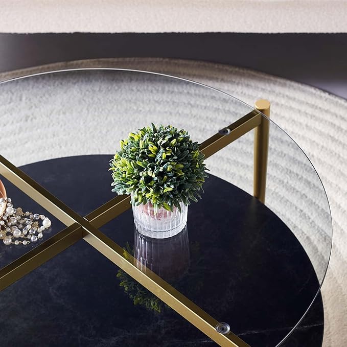 Round Coffee Table for Living Room, Mid-Century Modern Design, D30 x H17, 2-Tier Structure, Grey Glass Top and Black Marble Finish Wood Shelf, Sleek Conical Metal Legs with Gold Finish Frame-Ruum Studio Home