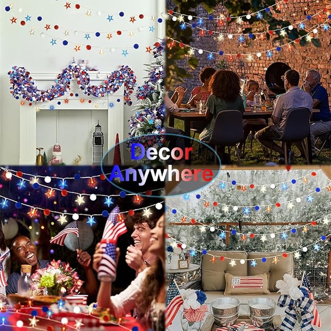 4th of July Decorations 9.85FT Red White and Blue Star String Lights Pom Pom Star Lights Battery Operated with Timer Fairy Lights for Independence Day Memorial Patriotic Fourth of July Decor for Home-Ruum Studio Home
