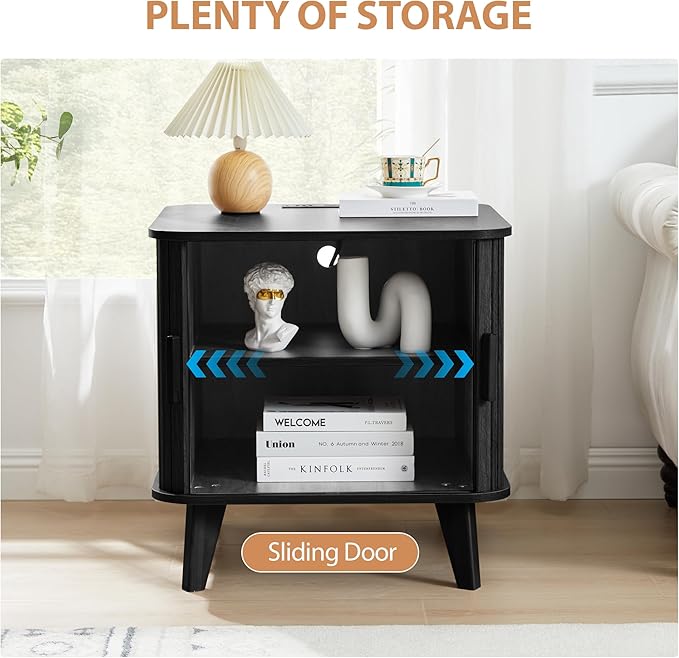 Farmhouse Square End Table with Charging Station, 24" Large Fluted Sofa Side Table with Sliding Tambour Door and Storage, Rustic Curved Wood Nightstand for Living Room, Bedroom, Black-Ruum Studio Home