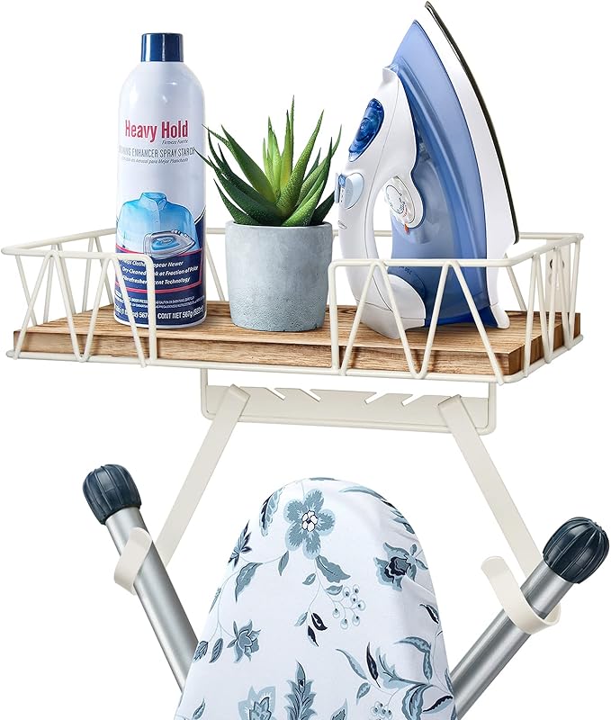 TJ.MOREE Ironing Board Hanger Wall Mount - Laundry Room Decor Iron and Ironing Board Holder with Large Storage Wooden Base Basket and Removable Hooks(T&V Shaped) Cream-Ruum Studio Home