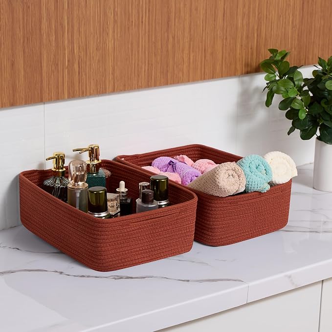 Large Shallow Organizing Baskets 15x11x5.1 Inches - Rope Woven Storage Bins for Bathroom, Shelves, Cube Closet, Red 2 Packs-Ruum Studio Home