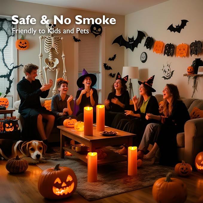 Homemory 4"x12" Halloween Orange Flameless Candles, Fall Candles, Outdoor Waterproof Flameless Candles with Remote and Timers, Battery Operated LED Pillar Candles, Won't Melt Plastic, Set of 2-Ruum Studio Home