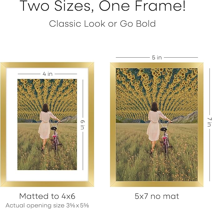 Homeforia 5x7 Picture Frame Gold, High End Metal 5 x 7 Gold Frames with Mat 4 x 6 for Print, 5by7 Desk Frame Matted to 4x6 inch Photo, 5 by 7 Wall or Tabletop Frame, Tempered Glass, Wall Kit, Set of 1-Ruum Studio Home