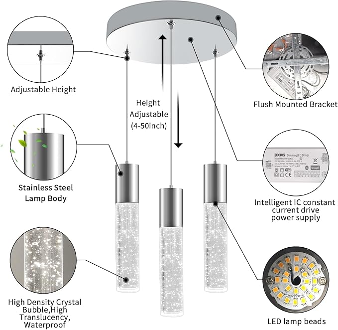 OKELI Smart Dimmable LED 3-Light Pendant Light for Kitchen Island, 18W 1350LM Modern Bubble Crystal Island Light Fixture with TUYA App & Voice Control, Adjustable 3000K-6000K, Electro-Chrome, Round-Ruum Studio Home