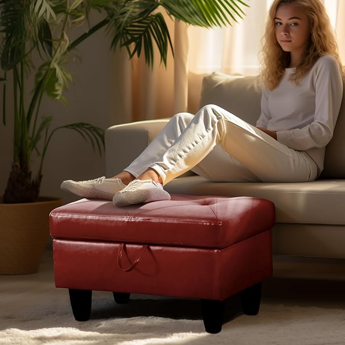 Ottoman Rectangular Storage Ottoman Bench, Faux Leather Footrest, Coffee Table, Stool Footstool with Hinged Lid for Living Room, Bedroom, Entryway, Red, 28.5"x19"x17.5"-Ruum Studio Home
