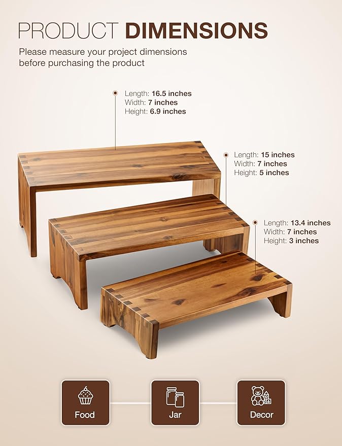 Acacia Wood Risers Display Stands Set of 3 - Wooden 3 Tier Cupcake Stand - 3 Tiered Riser for Vendors - Decorative Display Risers for Food Desserts Stand, Perfume, Funko POP at Party Wedding-Ruum Studio Home