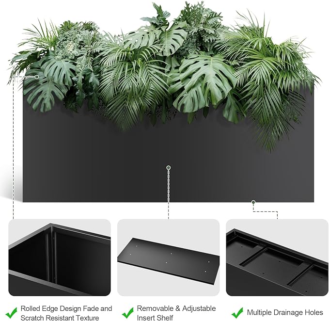Long Metal Cube Planter for Outdoor Plants 15" W x 38" L x 16.25" H, Heavy Duty Steel Rectangular Planter Box with Removable Insert Shelf, Modern Décor for Outside, Indoor, Garden (Black)-Ruum Studio Home