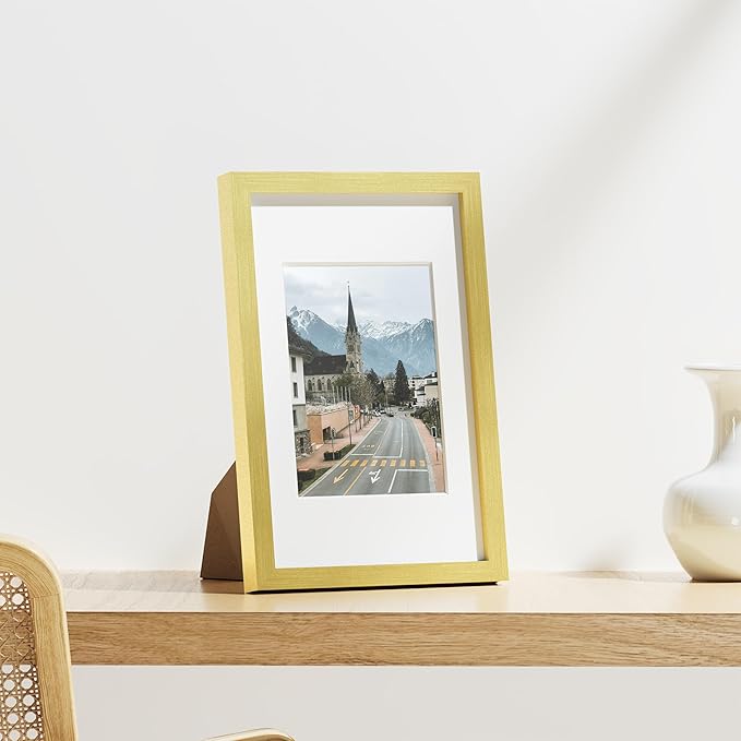 Vittanly 8x12 Picture Frames Set of 9, Shatter Resistant Plexiglass, Display 6x8 Pictures with Mat or 8x12 without Mat, Photo Frames for Wall or Tabletop, Engineered Wood, Gold-Ruum Studio Home