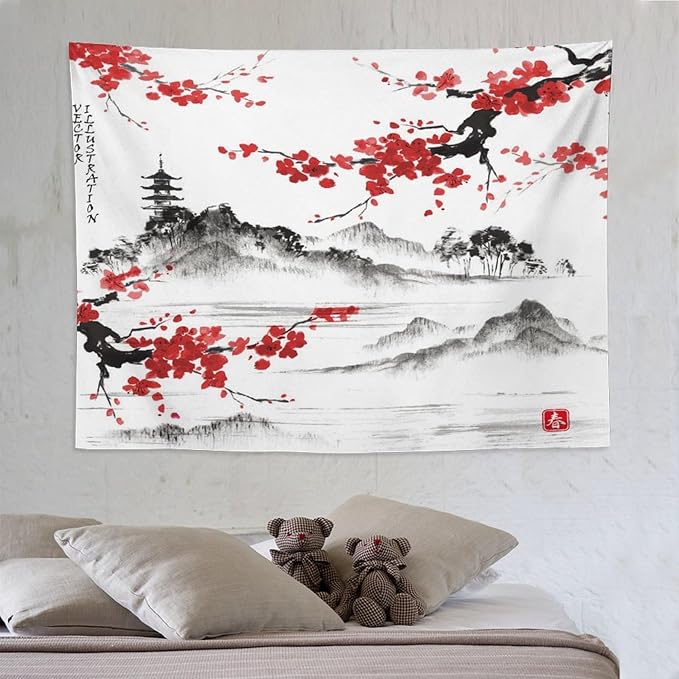Cherry Blossoms Tapestry, Japanese Fuji Mountain Tapestry, Asian Japanese Wall Tapestry, Nature Landscape Tapestries for Bedroom Living Room Decor 80"x60"-Ruum Studio Home