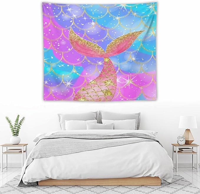 HZOHNAGO Mermaid Scales Tapestry Colorful Shiny Scales Mermaid Tail Pattern Printed Wall Tapestry Wall Hanging for Bedroom Living Room Dorm 60" W x 50" H-Ruum Studio Home
