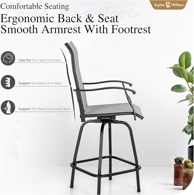 Sophia & William Outdoor Bar Set, Patio Bar Table and Chairs Set, Bar Height Patio Set - 2 x Swivel Bar Chairs(Grey), 1 x Rectangular Bar Table(Wood-Like)-Ruum Studio Home