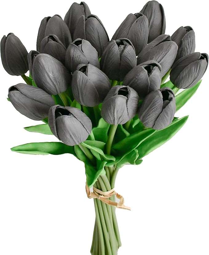 Mandy's Artificial Tulips 20 Stems Dark Grey PU Faux Flowers for Wedding Home Decor 13.5 Inch-Ruum Studio Home