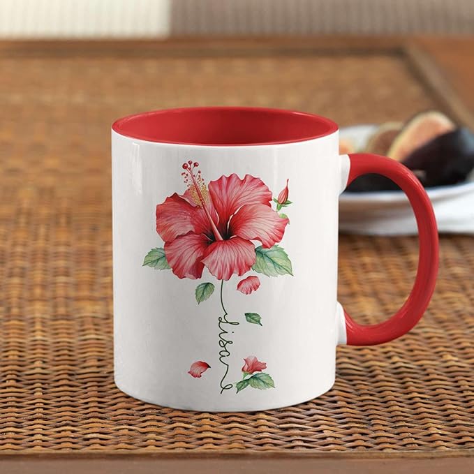 Personalized Hibiscus Blossom Design Mug, Custom Name Vibrant Flower Coffee Cup, Customized Mug For Floral Enthusiasts, Novelty Hibiscus Flower Ceramic Cup 11oz 15oz, Gift For Women-Ruum Studio Home