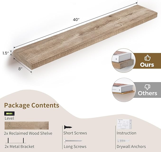 Floating Shelves Reclaimed Barnwood, 8" Deep Solid Wood Floating Shelf Wall Hanging Shelves with Invisible Heavy-Duty Metal Bracket | Wall Mounted | Farmhouse Style | 40 inches,2PCS,Natural-Ruum Studio Home