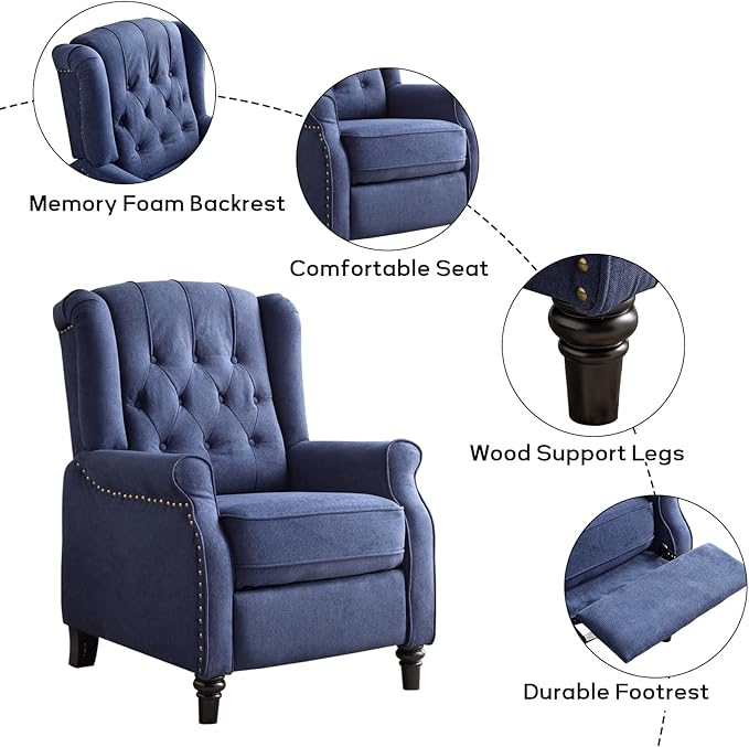 EBELLO 2 Pcs Pushback Recliner Chairs, Fabric Armchair Push Back Recliner with Rivet Decoration, Single Sofa Accent Chair for Living Room, Bedroom, Blue-Ruum Studio Home