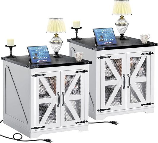 Farmhouse End Table Set of 2, 24" Large Sofa Side Table with Charging Station, Mesh Barn Door, White Nightstand with Adjustable Storage Shelf, Square Nightstand for Living Room, Bedroom-Ruum Studio Home