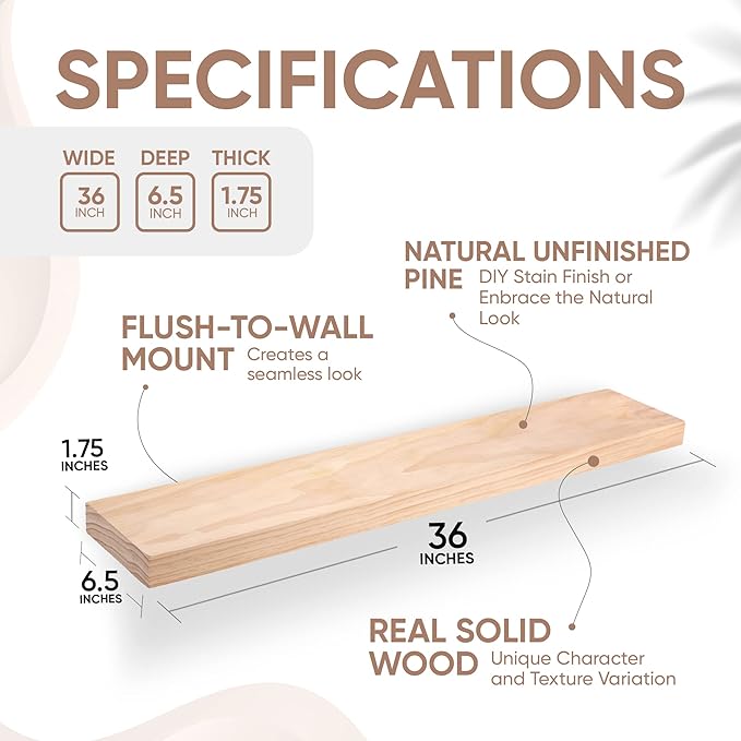 Homeforia 36 inch Wood Floating Shelves, High End Solid Natural Wood 36inch Large Floating Shelf Bathroom, Unfinished Wooden Floating Shelves for Wall, Heavy Duty Bracket, 36 X 6.5 X 1.75 in, Set of 2-Ruum Studio Home