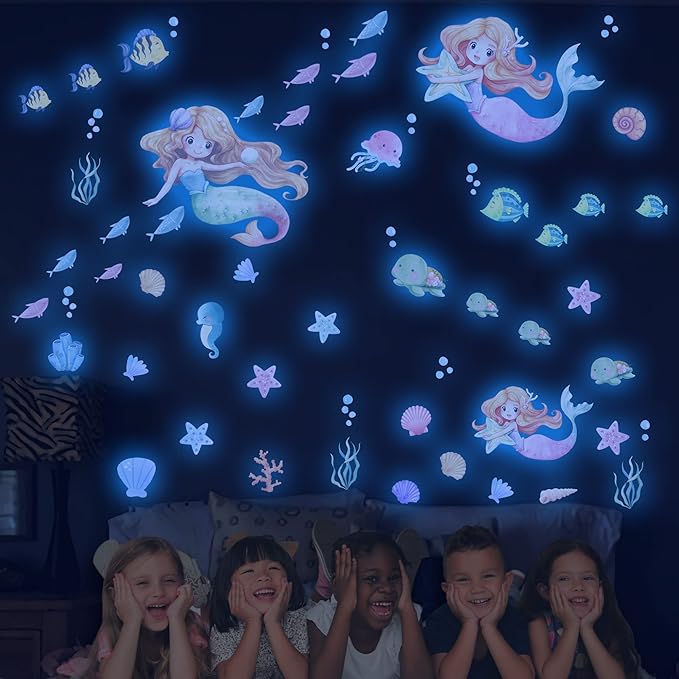 Glow in The Dark Stars Mermaid Wall Decals, Turtle Ocean Fish Stickers for Ceiling, DIY Wall Decor for Nursery Playroom Living Room, Birthday Christmas Gift-Ruum Studio Home