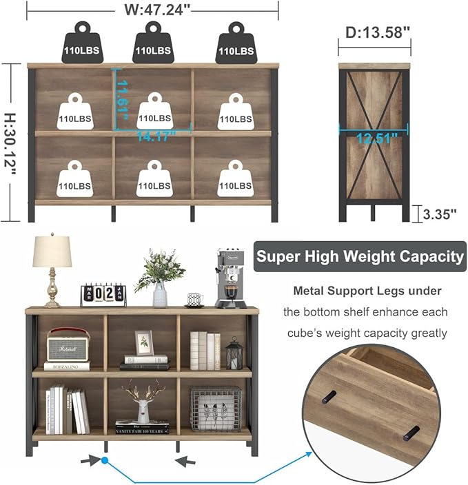 FATORRI 6 Cube Storage Organizer with Shelf, Long Wood and Metal Cubby Bookcase, Industrial Horizontal Bookshelf (Rustic Oak, 47 Inch)-Ruum Studio Home