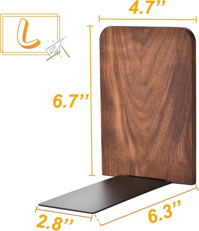 Book Ends, Black Walnut Wooden Bookends for Shelves - Heavy Duty Non-Slip Book Organizers, Upgraded Large Decorative Bookend Holders for Home, Kitchen, Office, Set of 2, Large-Ruum Studio Home