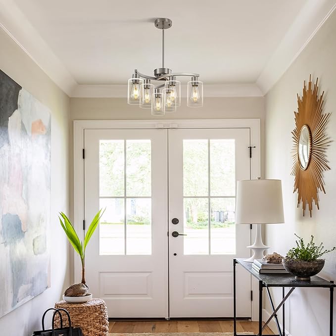 6 Light Modern Brushed Nickel Pendant Light Fixture For Dining Room，Contemporary Kitchen Light Fixtures Brushed Nickel，Adjustable Height Farmhouse Dining Chandeliers Over Table，With Glass Shade-Ruum Studio Home
